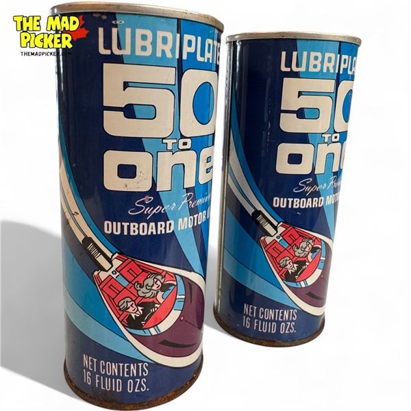 2x Vintage Lubriplate 50 To One Super Premium Outboard Motor Oil Tins