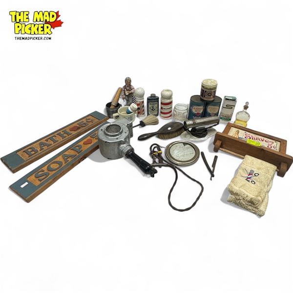 Collection Of Vintage Barber Shop Accessories: Brushes, Mirror, Hair Dryer, & More