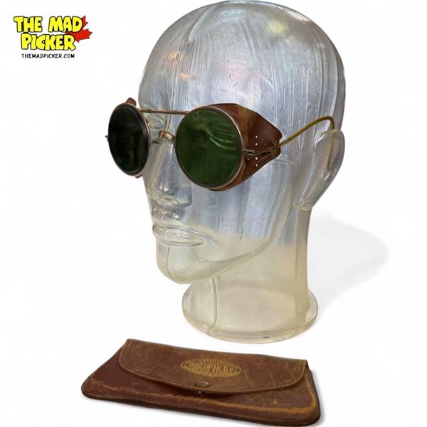 Antique Wilson Green Lense Motorcycle Glasses With Leather Side Details