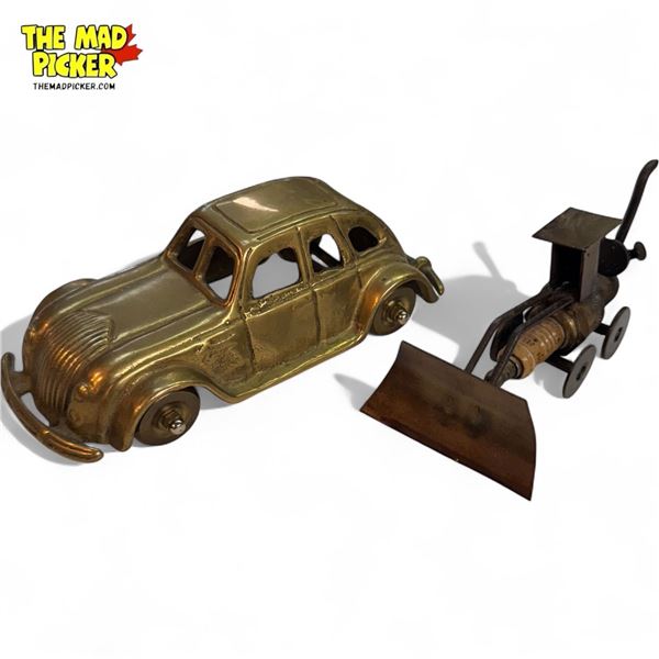 2x Vintage Automotive Collectibles : Brass Car & Quirky Hand Made Spark Plug Tractor