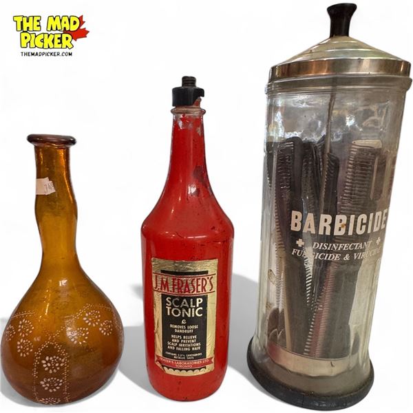 3x Barber Shop Collectibles: Early Hand Blown/Painted Tonic Bottle, Vintage Barbicide Jar & J.M. Fra