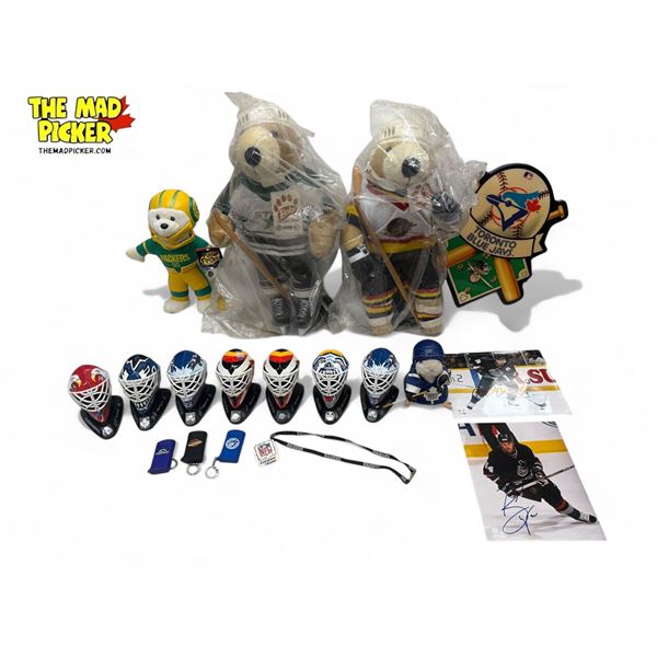 Assorted Vintage Sports Collectibles: Bobo Bears, NHL Goalie Helmet Displays, Blue Jays Wall Clock,