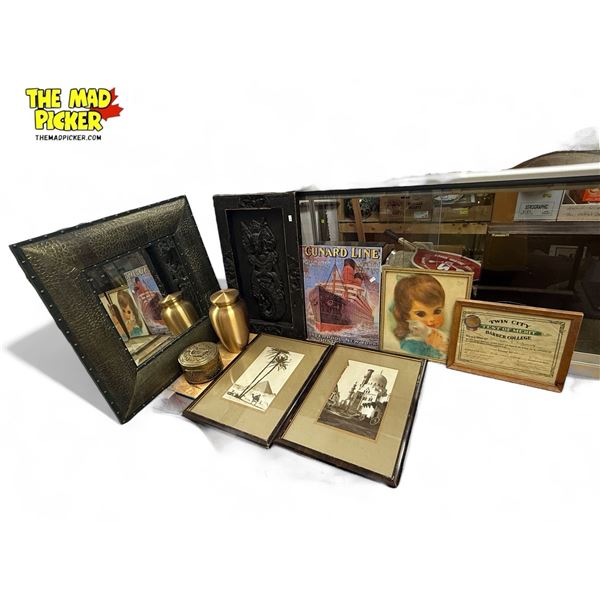 Vintage Variety: Brass Urn, Wall Art, Mirror, Barber College Certificate