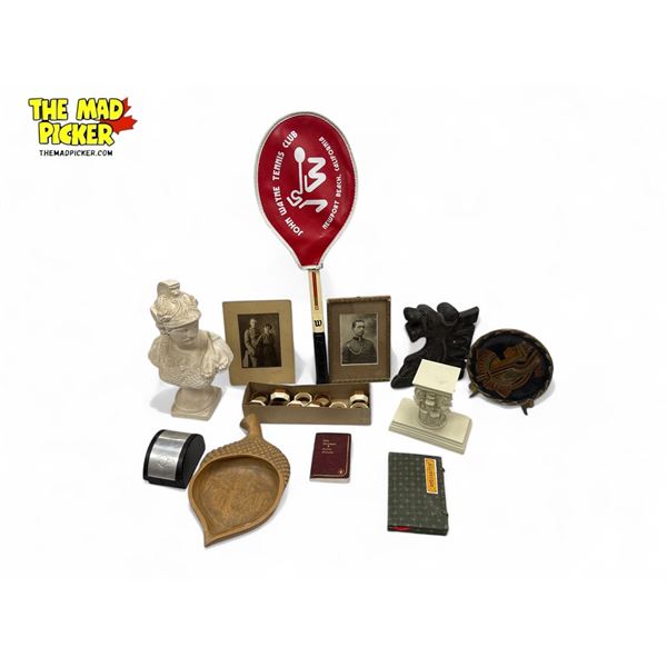 Vintage Variety: Resin Bust, Tennis Racket, Military Photo, Napkin Rings, & More