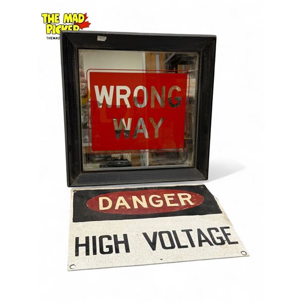 2x Vintage Signs : Danger High Voltage & Mirror Back Wrong Way