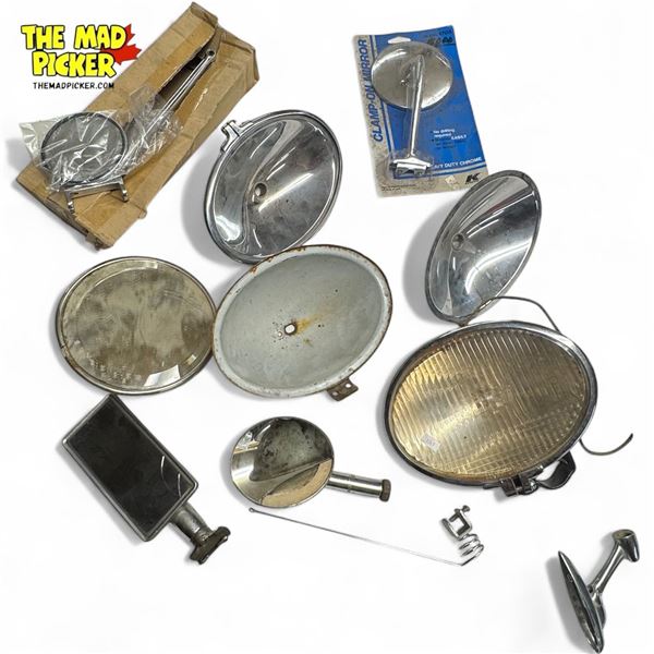 Assorted Vintage Car Parts: Head Light Houses & Mirrors