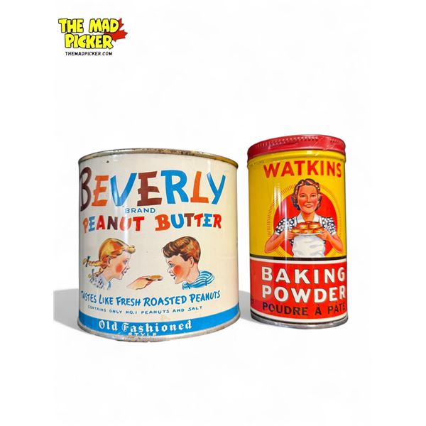 2x Vintage Tins: Beverly Peanut Butter & Watkins Baking Powder