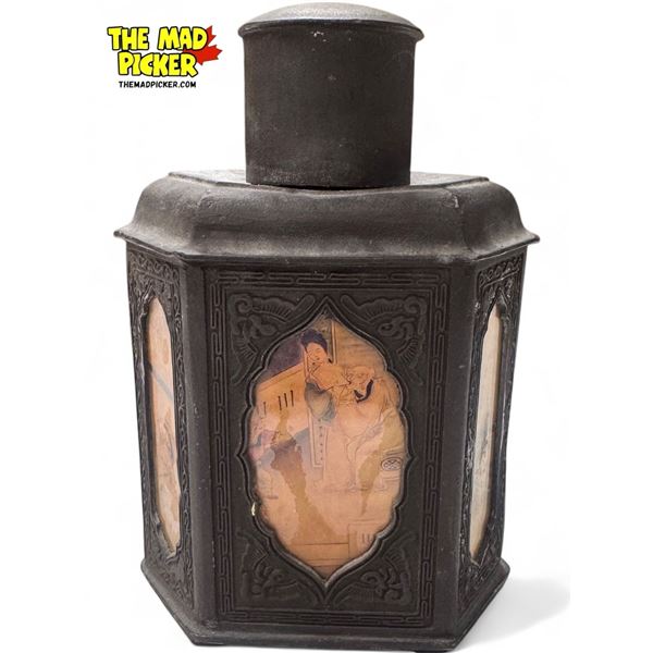 Vintage Heavy Asian 6 Panel Art Tea Caddy