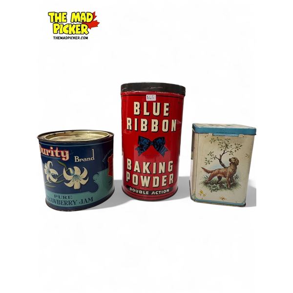 3x Vintage Tins : Blue Ribbon, Purity Strawberry Jam, & More