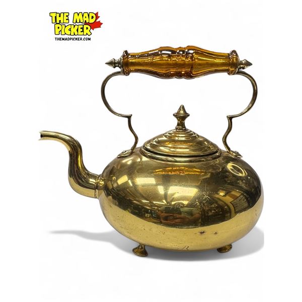 Vintage Amber Glass Handled Brass Teapot