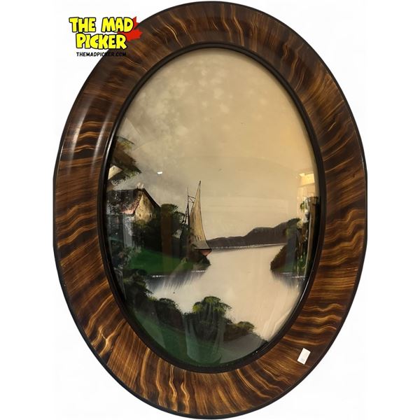 Vintage Reverse Painted Nautical Scene In Convex Glass Frame