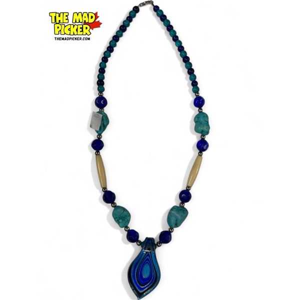 Vintage Hand Blown Glass Art Pendant On Beaded Necklace With Turquoise Details