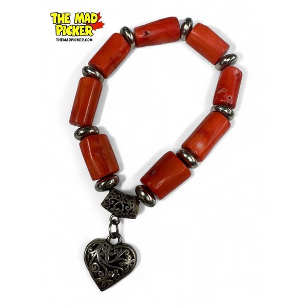 Vintage Coral Bracelet With Heart Charm
