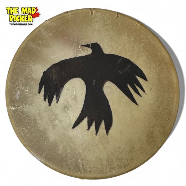 Vintage Martin Y Signed First Nations Hand Made Hide Drum With Bird Motif