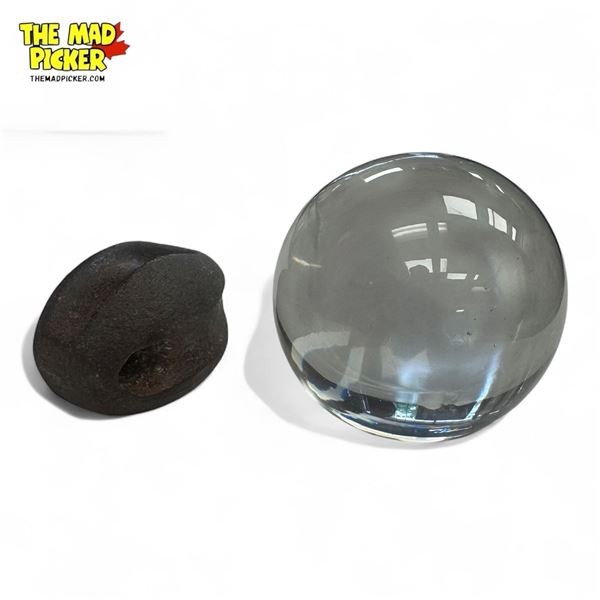 2x Vintage Collectibles : Clear Glass Sphere & Heavy Cast Iron Pulley Tool