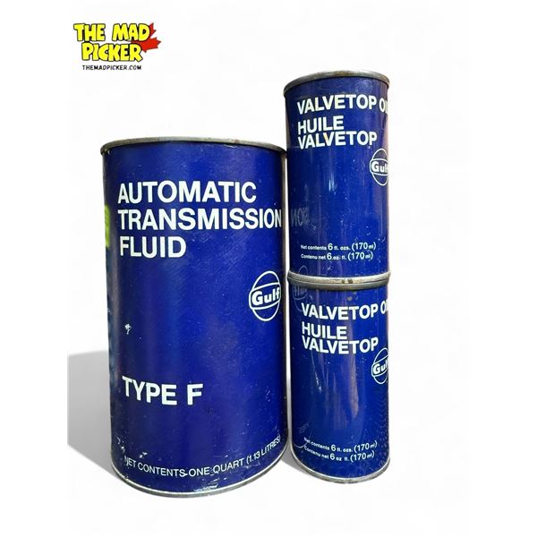 3x Vintage Gulf Cans (2x Tins 1 x Paper): Automatic Transmission Fluid & Valvetop Oil