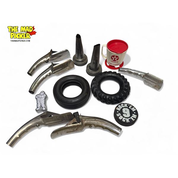 Vintage Automotive Collectibles: Tire Ashtray Rims, Texaco Cup, Oil Spouts, & More