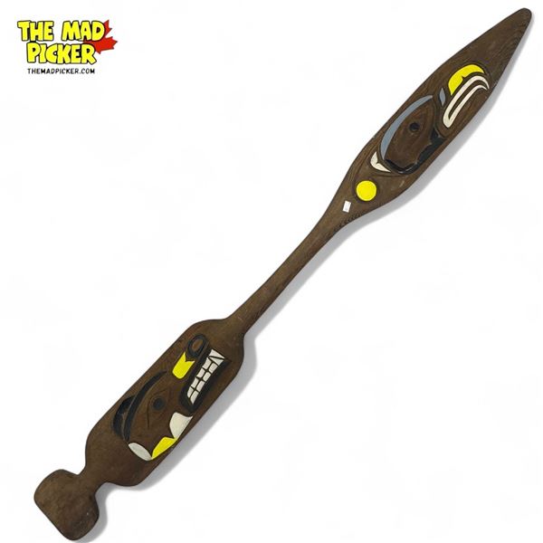 Vintage First Nations Hand Carved & Painted Wooden Paddle Depicting A Bear & Eagle