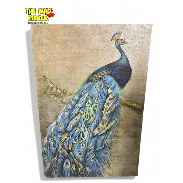 Large Vintage Original Oil Painting Of A Peacock Canvas