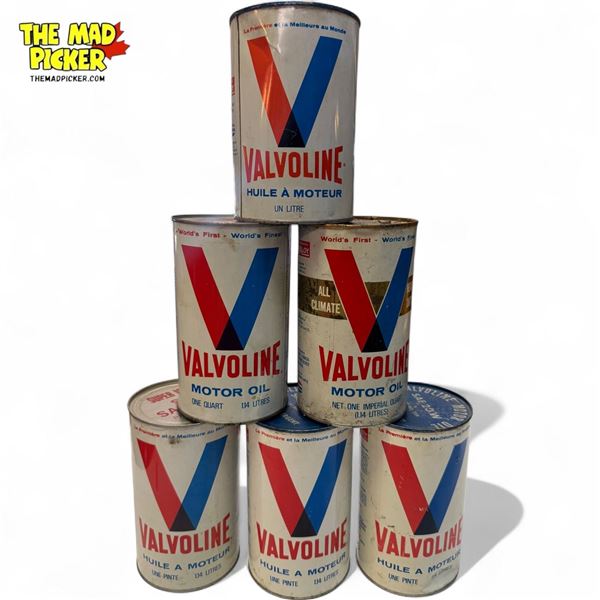 6x Vintage Valvoline Oil Cans : SAE 10W, SAE 30, SAE 20W, & More