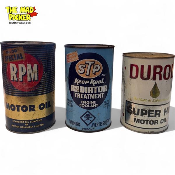 3x Vintage Oil Can : RPM, STP, & Durol