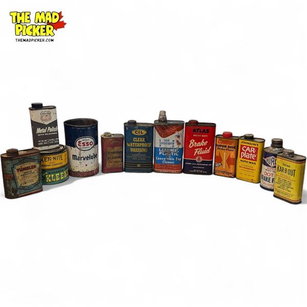 Assorted Automotive Tins Oil & Cleaners : Esso, CIL, Tumbler, Durol, Kennite, Atlas, Castrol, Rotund
