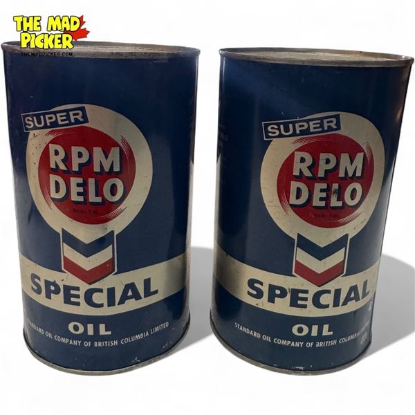 2x Vintage Super RPM Delo Special Oil Cans