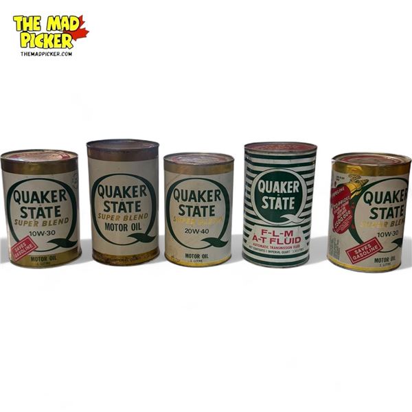 5x Vintage Quaker State Oil Cans (1x Paper) : Super Blend Motor Oil, FLM A-T Fluid,