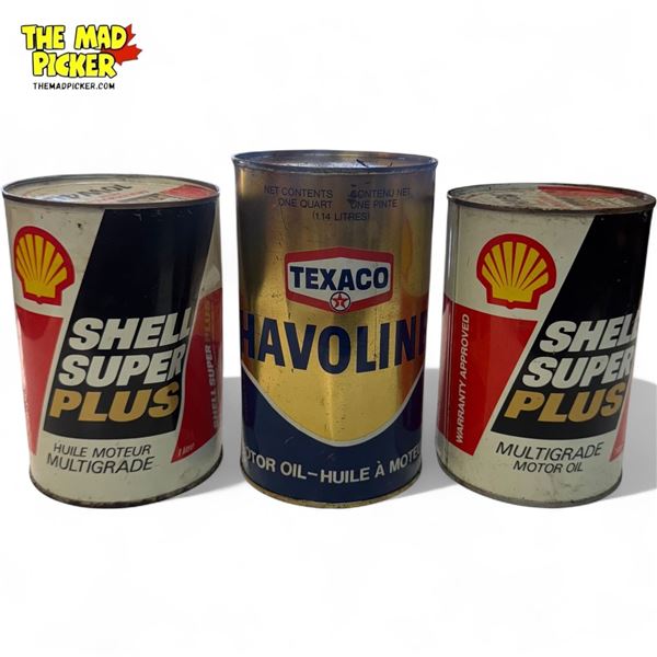 3x Vintage Oil Cans : Shell & Texaco : Havoline & Shell Super Plus
