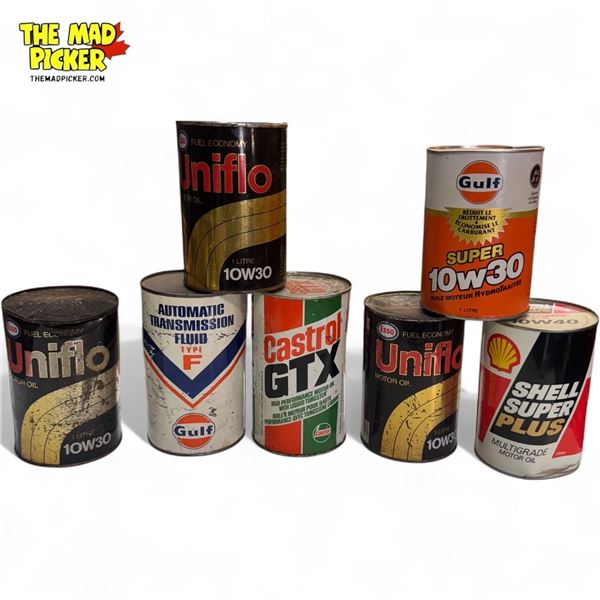 7x Vintage Oil Cans : Gulf, Esso, Castrol, Shell