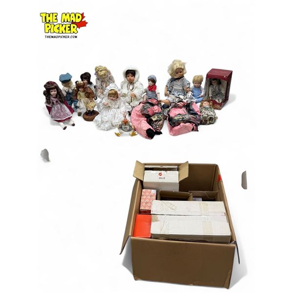 Collection Of Vintage Porcelain Dolls & Doll Boxes