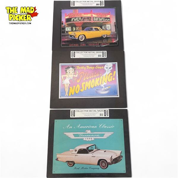 3x Lithographed Collector Metal Signs: Ford Thunderbird, Betty Boop No Smoking & Lucinda Lewis