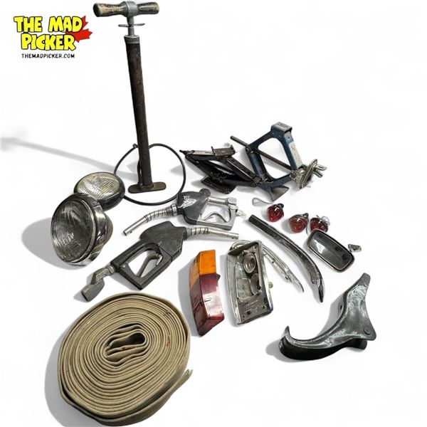 Mixed Collection of Automotive Tools and Parts:  Gas Pump Handles, Jacks, Tire Pump Plus More