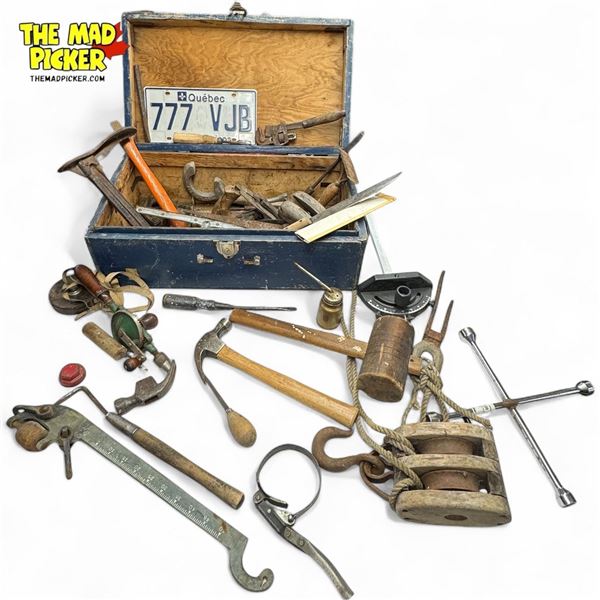 Blue Wooden 1950's Toolbox and Lots of Vintage Tools Included