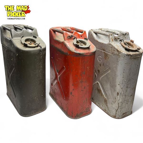 3x Assorted Jerry Cans Red, Green, Silver