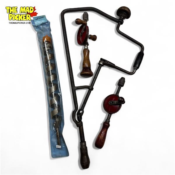 Collection of Hand Drills and a 1 1/2” Ship Auger Bit