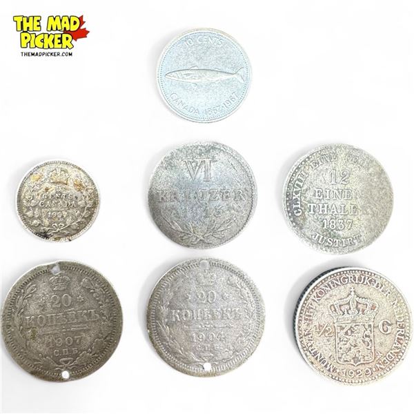 7x Silver Coins:1967 Dime, 1907 5¢, 2x 20 Kopecks, 1929 1/2 Gulden, 1813 6 Kreuzer & 1837 1/2 Thaler