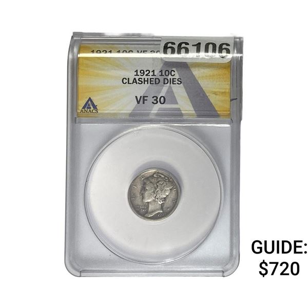 1921 Mercury Silver Dime ANACS VF30