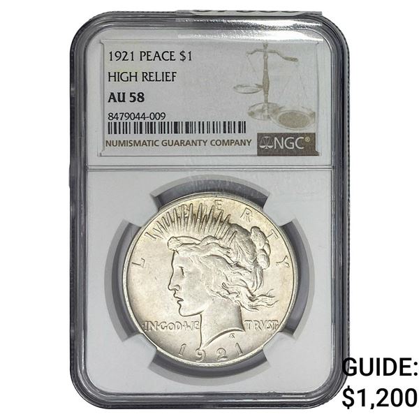 1921 Silver Peace Dollar NGC AU58 High Relief