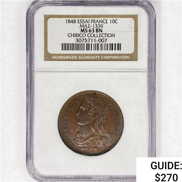 1848 Essai France 10 Centimes NGC MS63 BN