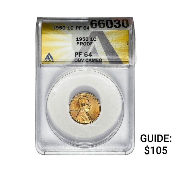 1950 Wheat Cent ANACS PF64 Obv Cameo