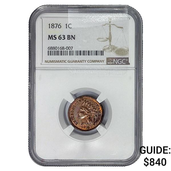 1876 Indian Head Cent NGC MS63 BN