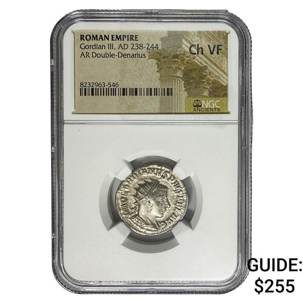 Roman Gordian III, AD 238-244 Silver Dbl-Denarius  Ch. VF