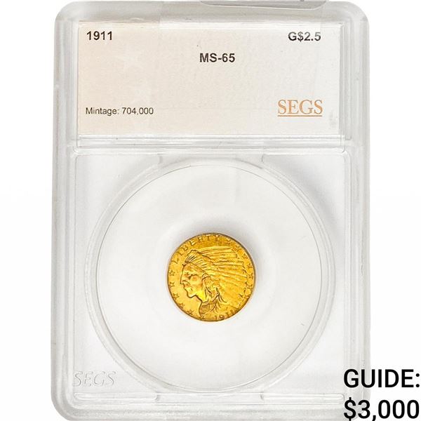 1911 $2.50 Gold Quarter Eagle SEGS MS65