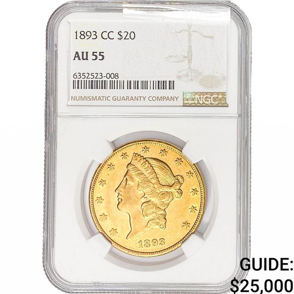 1893-CC $20 Gold Double Eagle NGC AU55