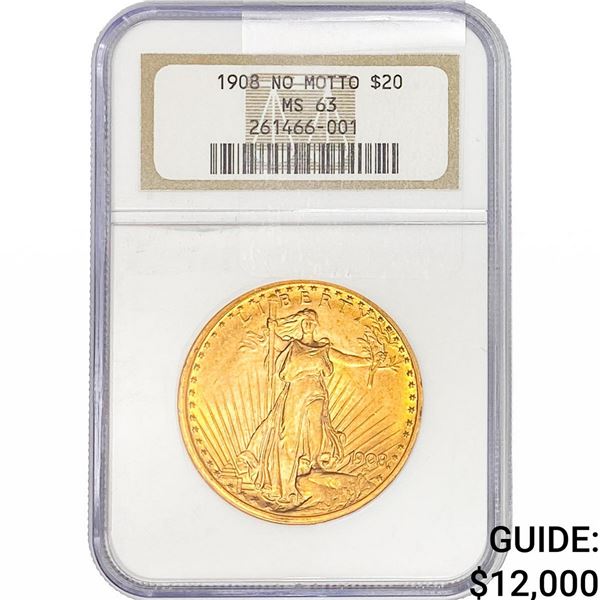 1908 $20 Gold Double Eagle NGC MS63 No Motto