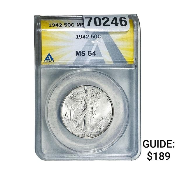 1942 Walking Liberty Half Dollar ANACS MS64