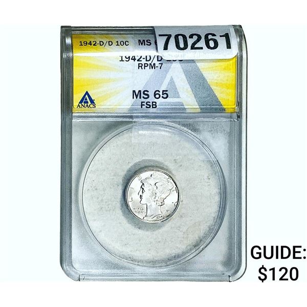 1942-D/D Mercury Silver Dime ANACS MS65 RPM-7