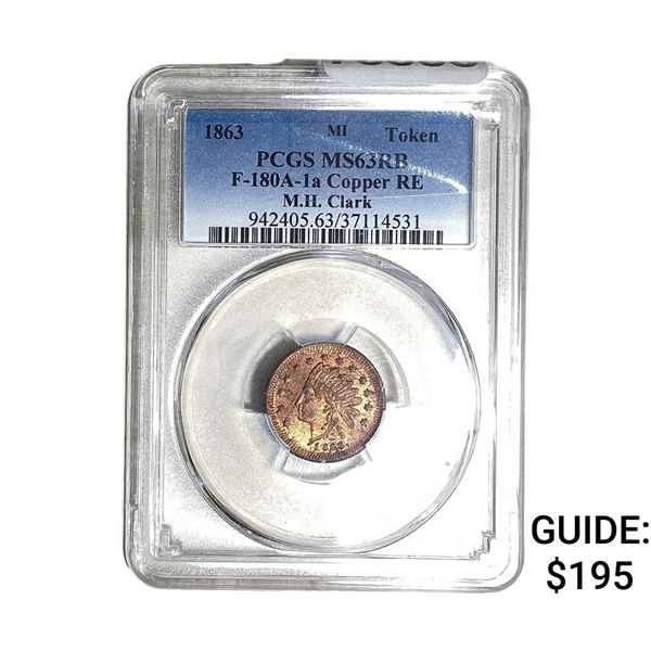 1863 Copper RE M.H. Clark Token PCGS MS63 RB