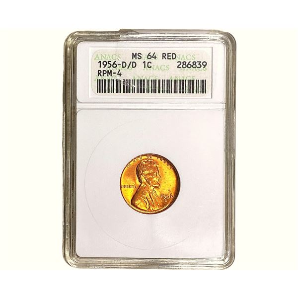 1956-D/D Wheat Cent ANACS MS64 RPM-4 Red